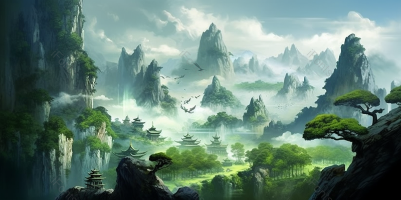 古风山水场景天空下青山绿水云雾环绕古风建筑飞鸟飞过森林树木自然景观背景插画,插画/手绘图,插画/手绘图库,插画/手绘图下载,插画/手绘